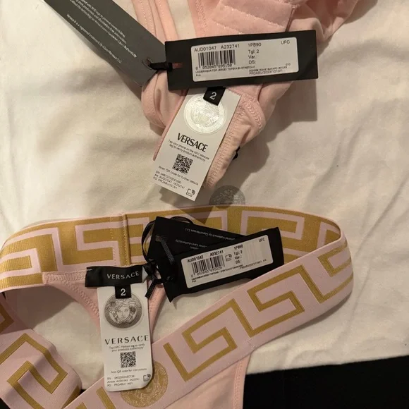 NEW NWT Versace Pink Gold Greca Bra and Thong underwear set sz 2 bralette $$290